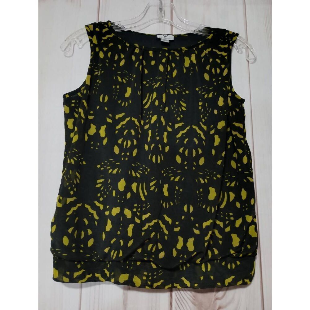 Worthington Womens Small Sleeveless Blouse Yellow Black Abstract Bubbleโ Hem Top